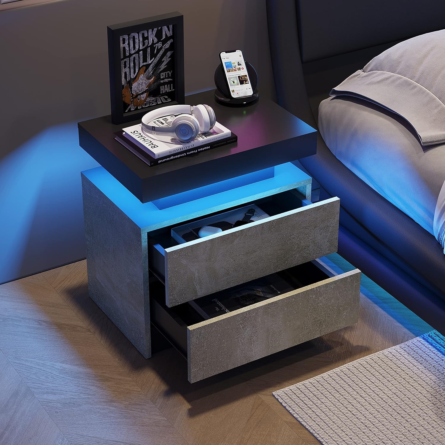 Bedside Table Cabinet | Nightstand with LED Lights, High Gloss Modern End Side Table with 2 Drawers and Sliding Top, Modern Sofa Night Table for Bedroom, Living Room