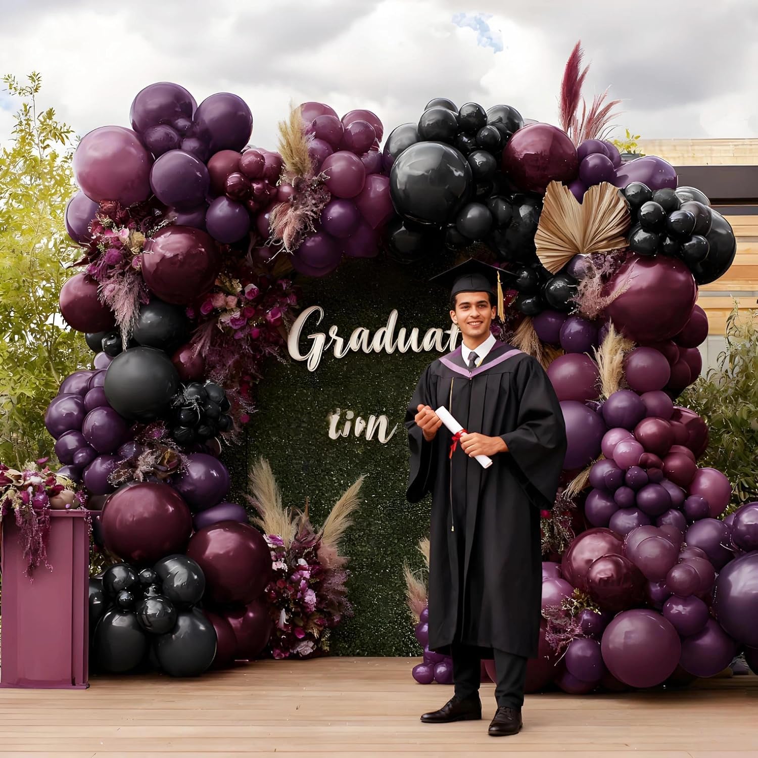 Dark Purple Black Balloons Garland Double Stuffed Black Burgundy Plum Balloon Arch Kit for Gothic Birthday Bridal Shower Mother's Day Graduation Party Decorations