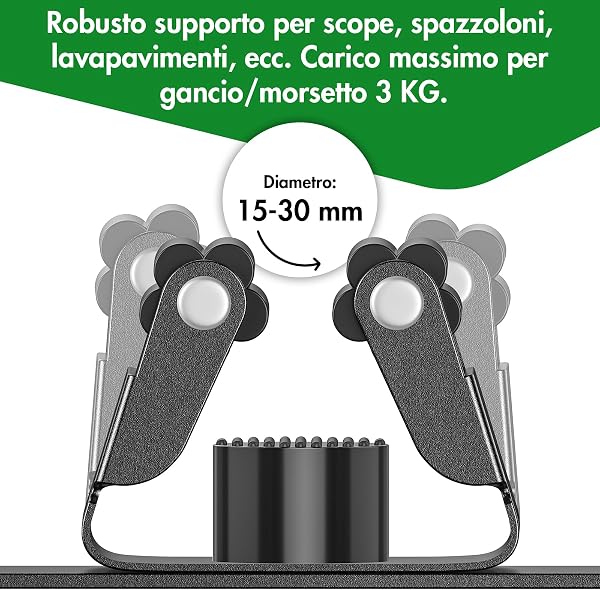 Radikor Porta Scope Parete, Portascope da Muro con 4 Supporti e 3 Ganci, Appendi Scope a Muro Autoadesivo, Appendiscope in Acciaio Inox Avvitabile, Ganci Porta Attrezzi da Giardino, Nero - 2