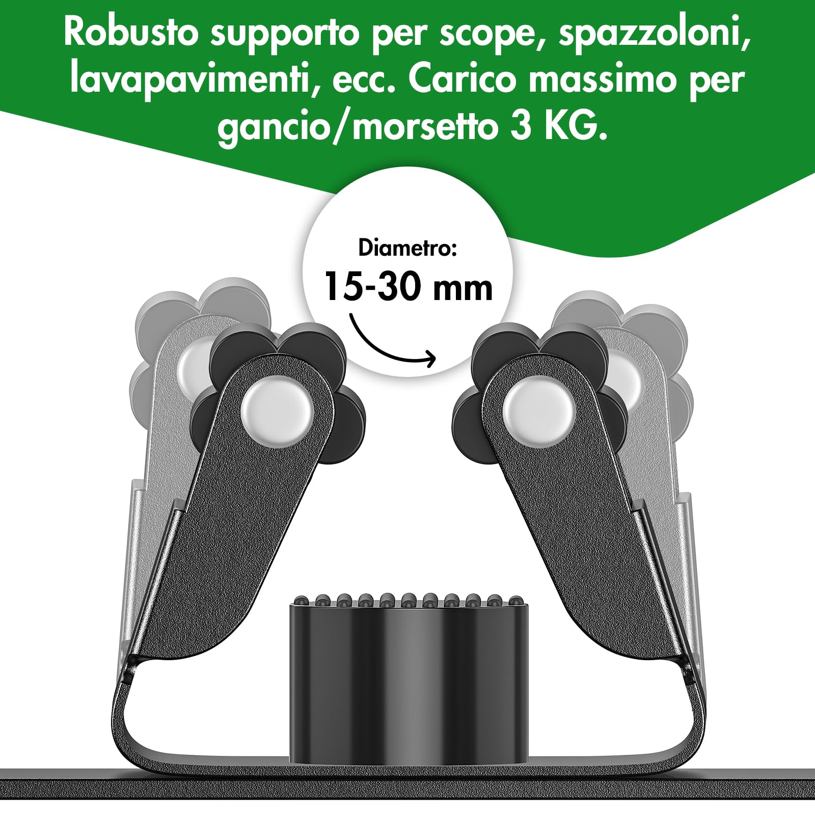 Radikor Porta Scope Parete, Portascope da Muro con 4 Supporti e 3 Ganci, Appendi Scope a Muro Autoadesivo, Appendiscope in Acciaio Inox Avvitabile, Ganci Porta Attrezzi da Giardino, Nero