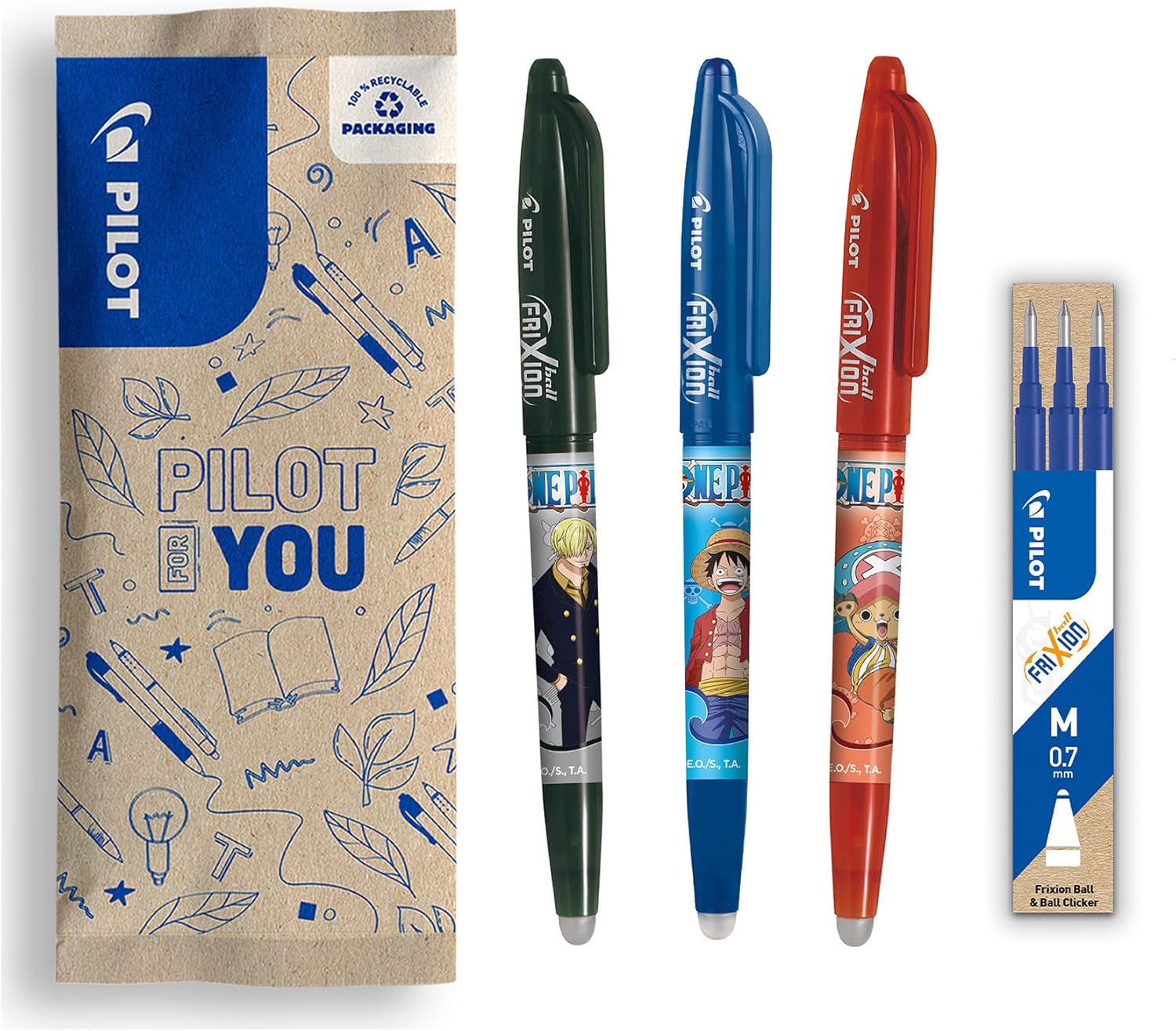 PILOT x ONE PIECE - Set of 3 Frixion Balls, Black, Blue, Red + 1 Set of 3 Blue Refills + 4 Stickers - Erasable Pens - Limited Edition One Piece - Refillable Rollerball Pen - Medium Tip