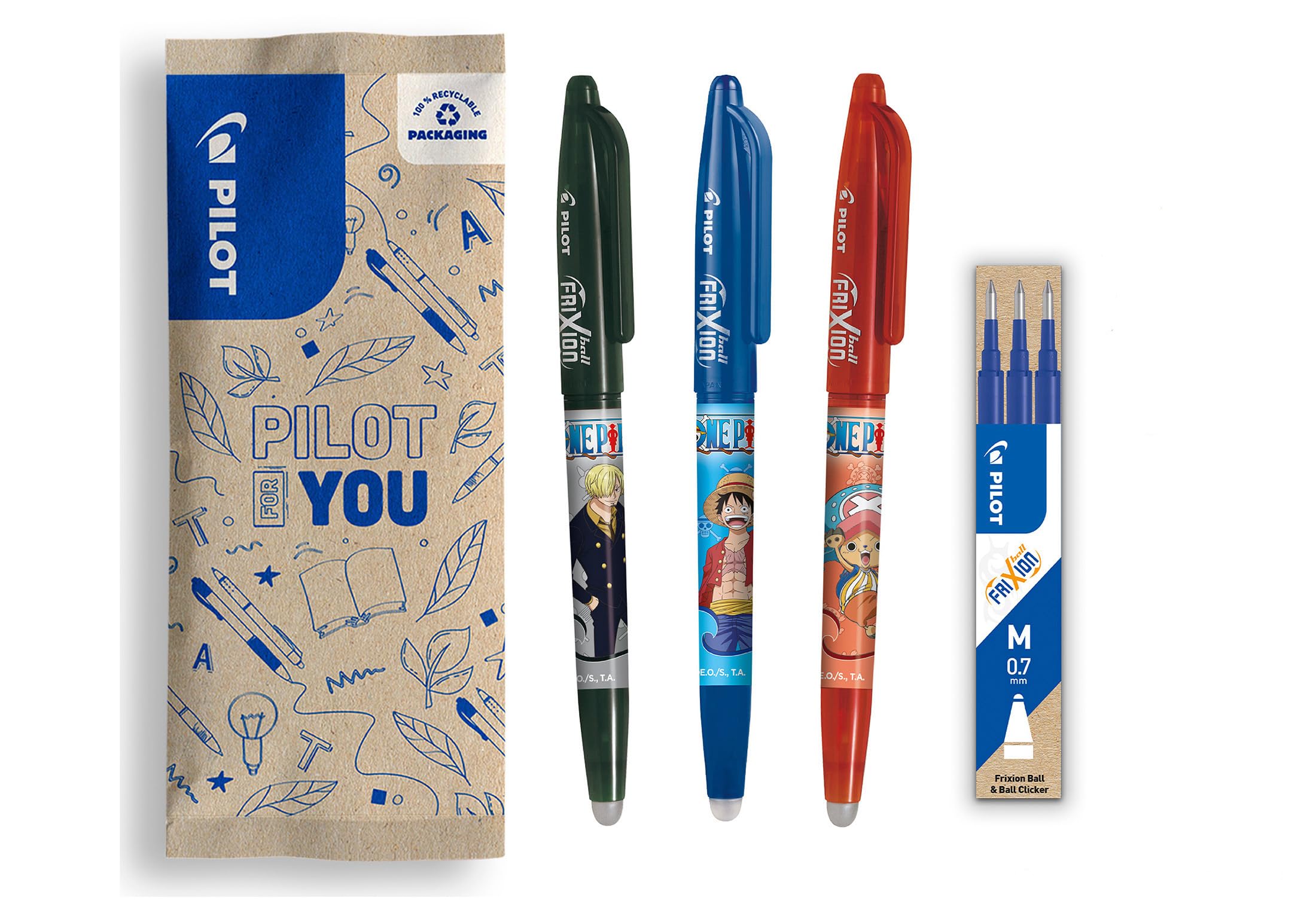 PILOT x ONE PIECE - Caja de 3 FriXion Ball, Negro, Azul, Rojo + 1 Set de 3 Recambios Azules + 4 Stickers - Bolígrafos Borrables - Edición Limitada One Piece - Rollerball Recargables - Punta Media