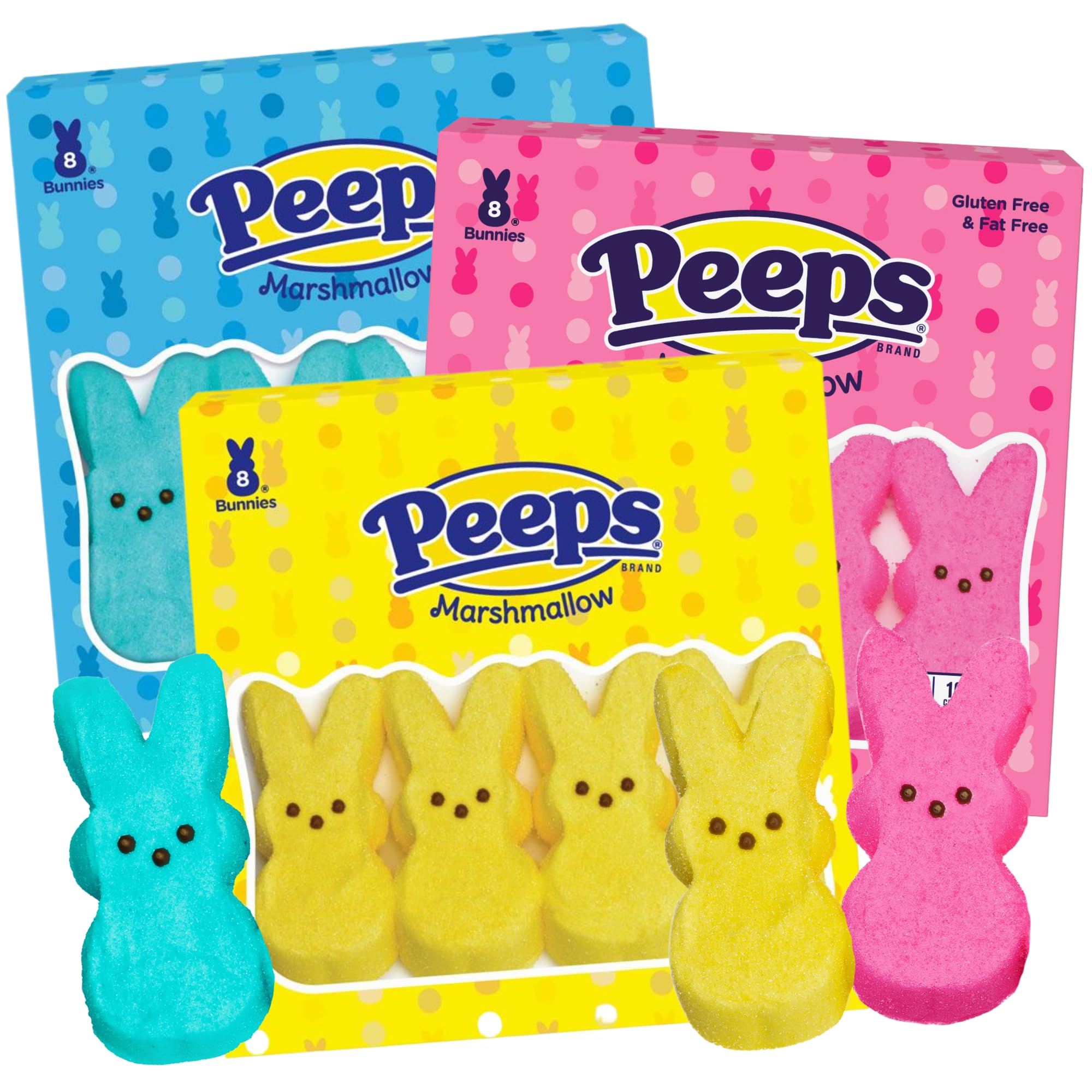 Needzo Peeps Candy Marshmallow Bunnies Pink Blue Yellow Bunny Shaped Treats Bulk Easter Bundle Basket Stuffer Kit (Pack of 3)