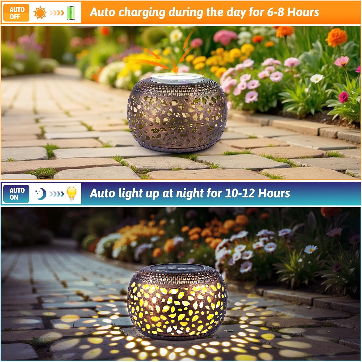 Solar Lanterns Outdoor Waterproof, 2 Pack Retro Metal Hollow Out Solar Lights for Outside Garden Yard Patio Lawn Porch & Indoor Desk Table Decor, Unique Gifts for Women Mom
