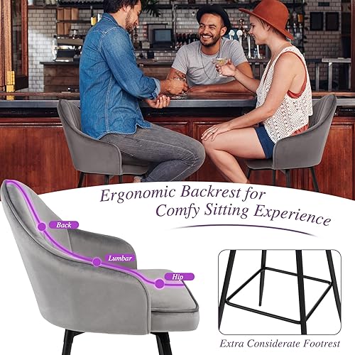 Miniatura 8 de COSTWAY Juego de 4 taburetes de bar, taburetes giratorios de 360 grados, sillas de bar de tapicería de terciopelo de 24 pulgadas de altura de