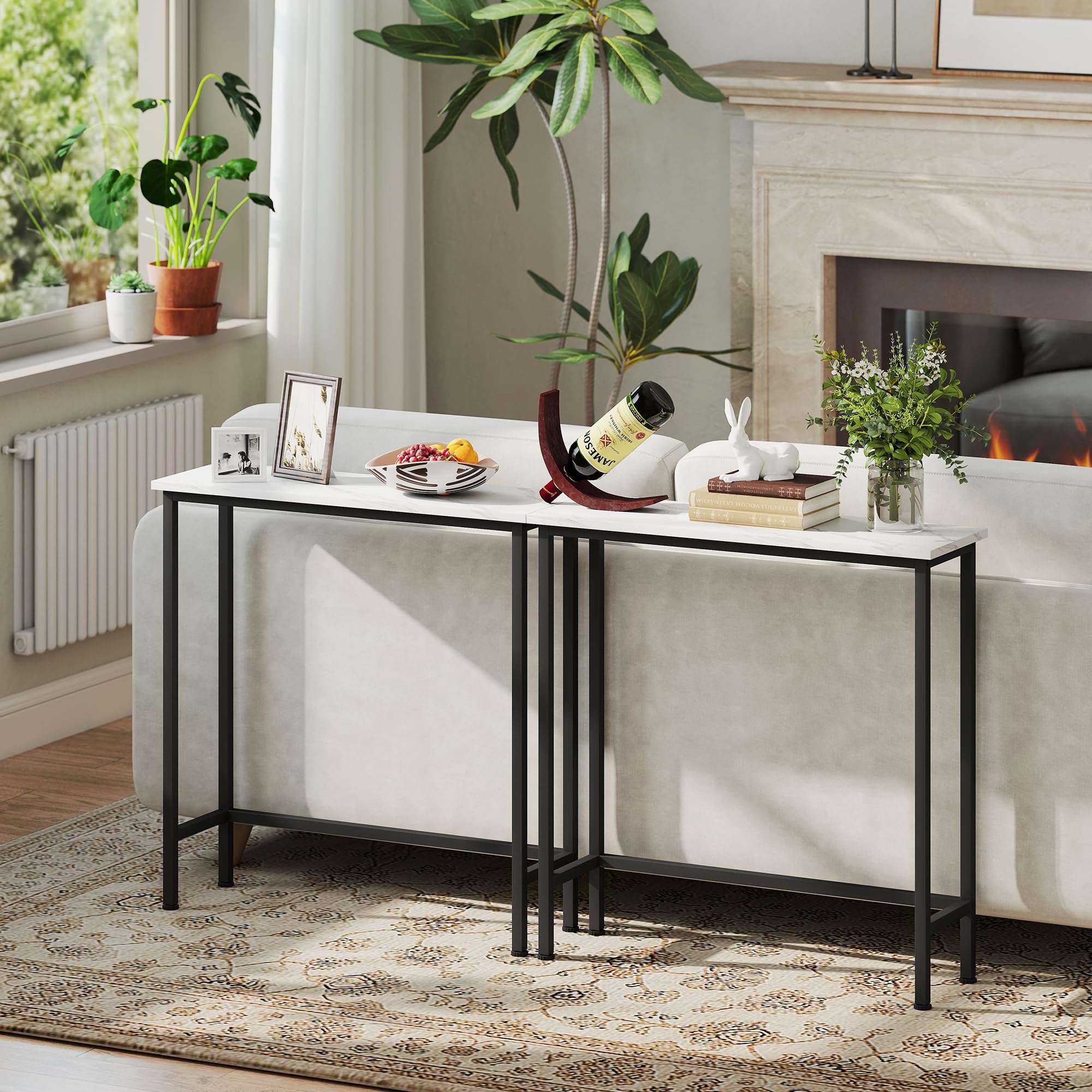 HOMCOM Mesa Consola Moderna Consola Recibidor Estrecha con Superficie con Efecto Mármol y Marco de Metal para Entrada Sala de Estar 75x24x76 cm Blanco y Negro