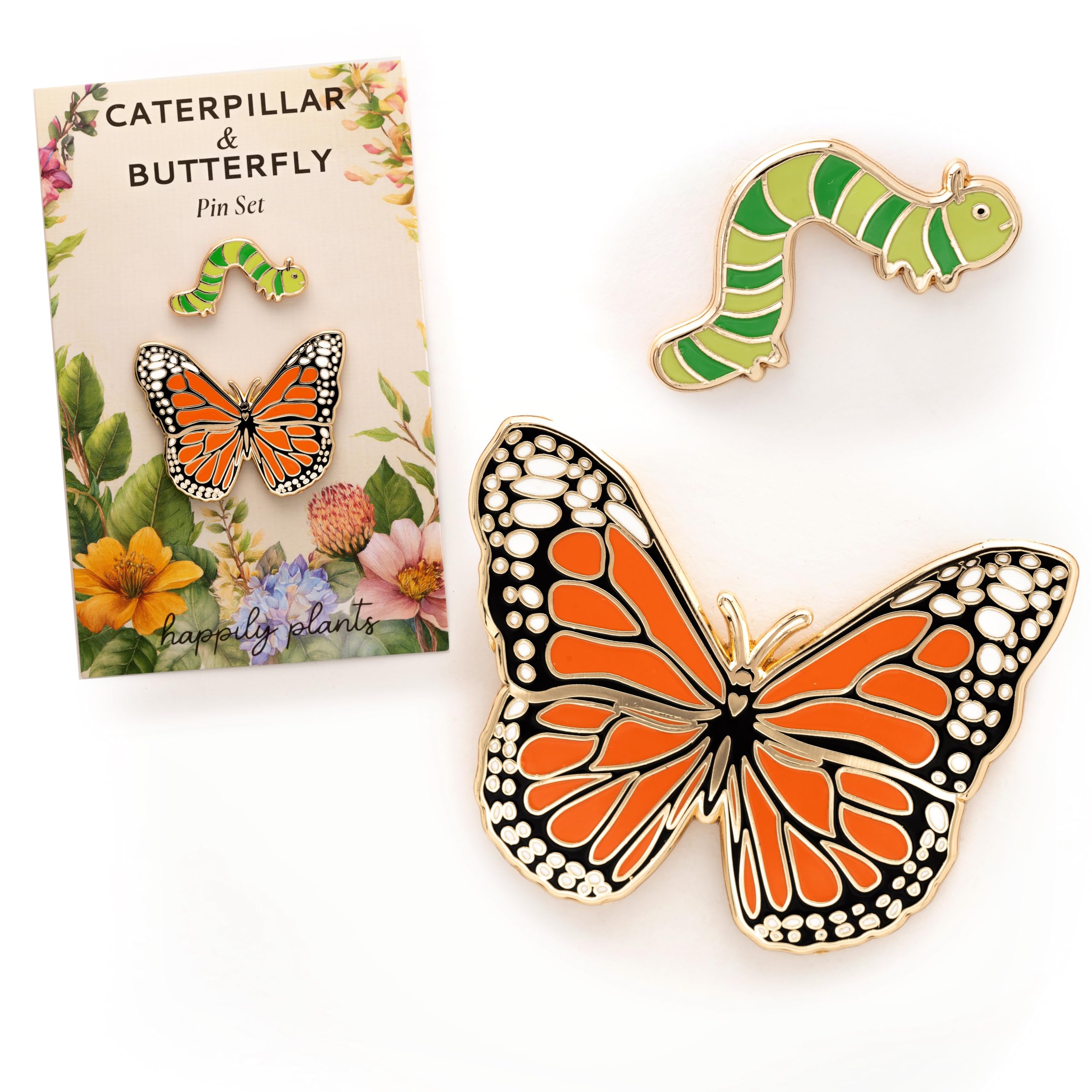 Butterfly & Caterpillar Enamel 2 Piece Pin Gift Set – Cute Nature-Themed Pins for Jackets, Bags, and Accessories – Colorful Collector Pins & Botanical