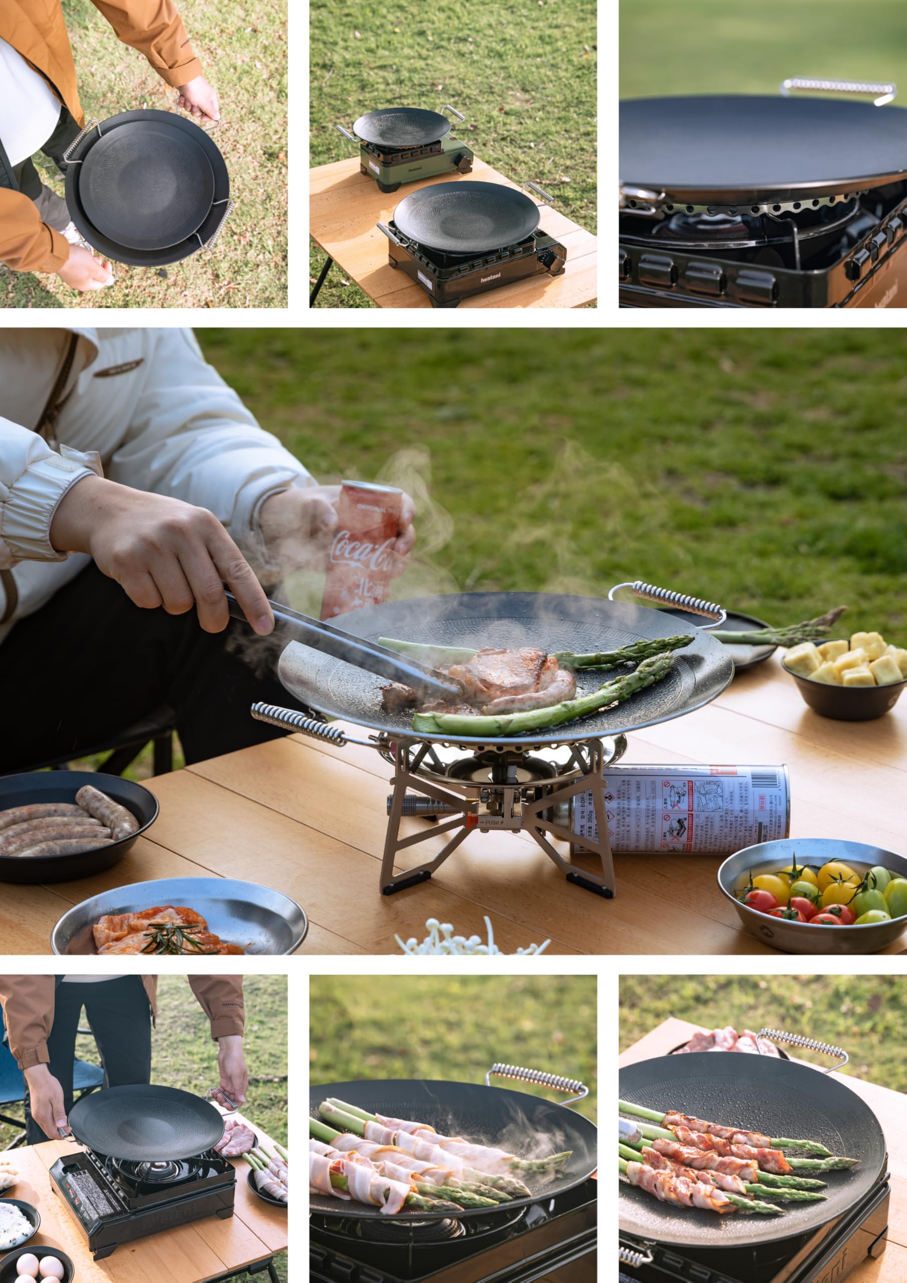 camping moon Griglia per barbecue, diametro 32,5 cm, piastra rotonda a 3 strati in acciaio composito antiaderente, manico pieghevole per stufa a gas a fuoco aperto, uso esterno e interno, GRW-33F