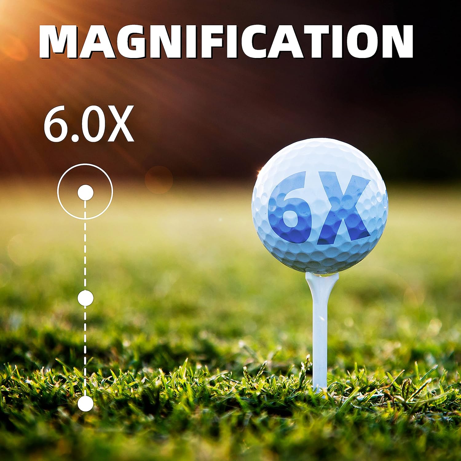 Golf ball with '6X' text, representing the 6x magnification of the rangefinder.