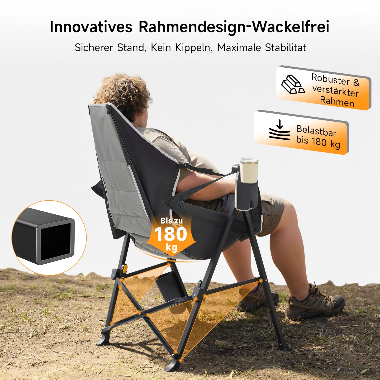 Faltbarer Campingstuhl mit Fußstütze, 180kg, Schaukelfunktion