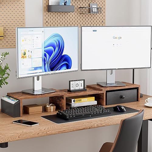 Miniatura 2 de Soporte elevador para monitor doble, longitud ajustable y soporte de monitor de ángulo giratorio, soporte ergonómico para monitor con cajón y