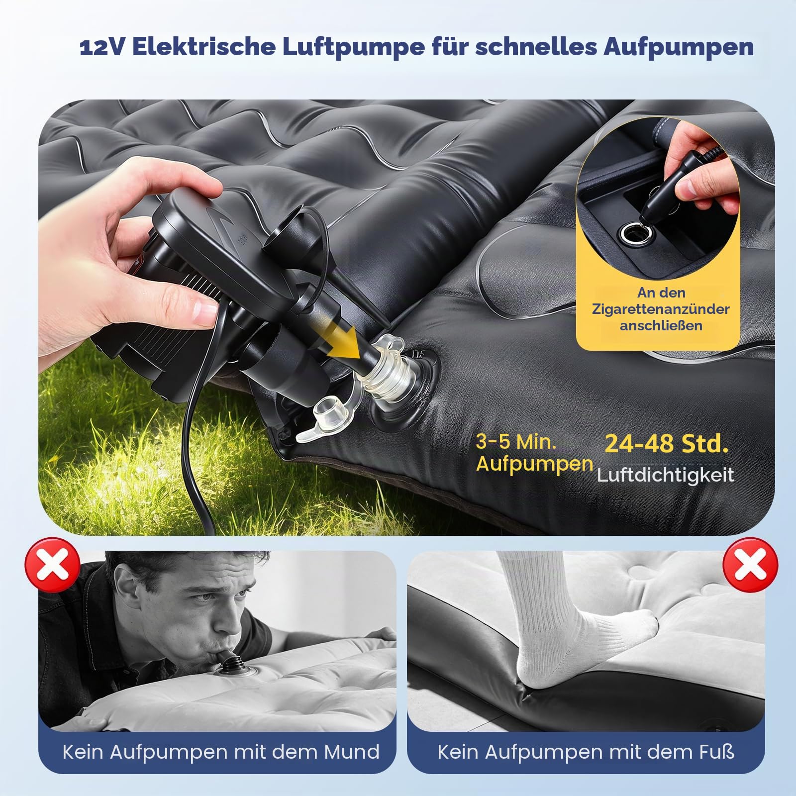 Luftmatratze Auto, 175x105CM SUV Aufblasbare Matratze, Matratze Kofferraum mit Luftpumpe, 2 Kissen & 2 Lückenfüller, Tragbares Doppelseitiges Dickeres Autobett, Reisecamping im Freien