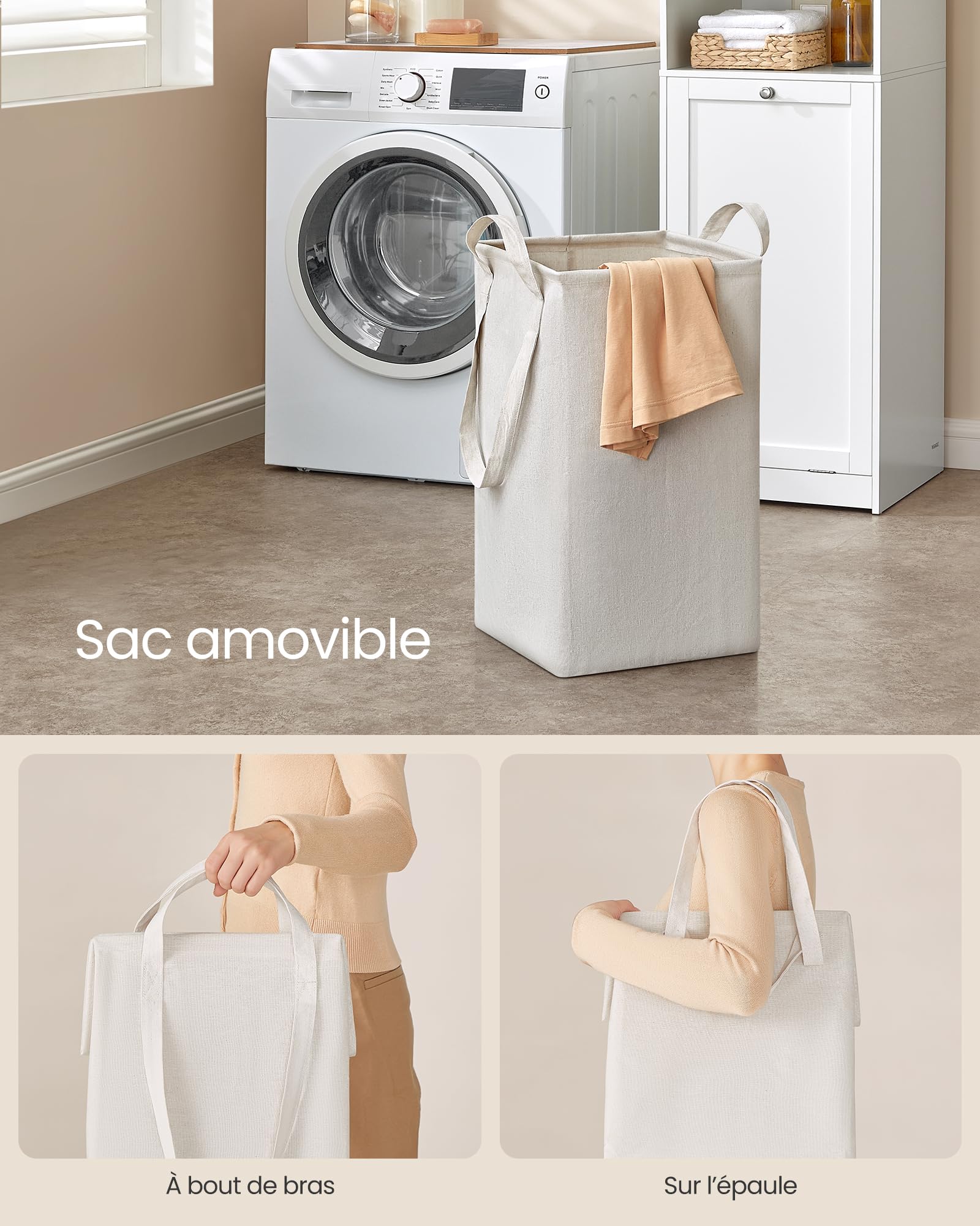 VASAGLE Meuble de Salle de Bain, Panier à Linge, Placard de Rangement Haut, avec Sac Intérieur Amovible avec Poignées, Compartiment avec Porte, 40 x 40 x 170 cm, Blanc Nuage BBC761W01