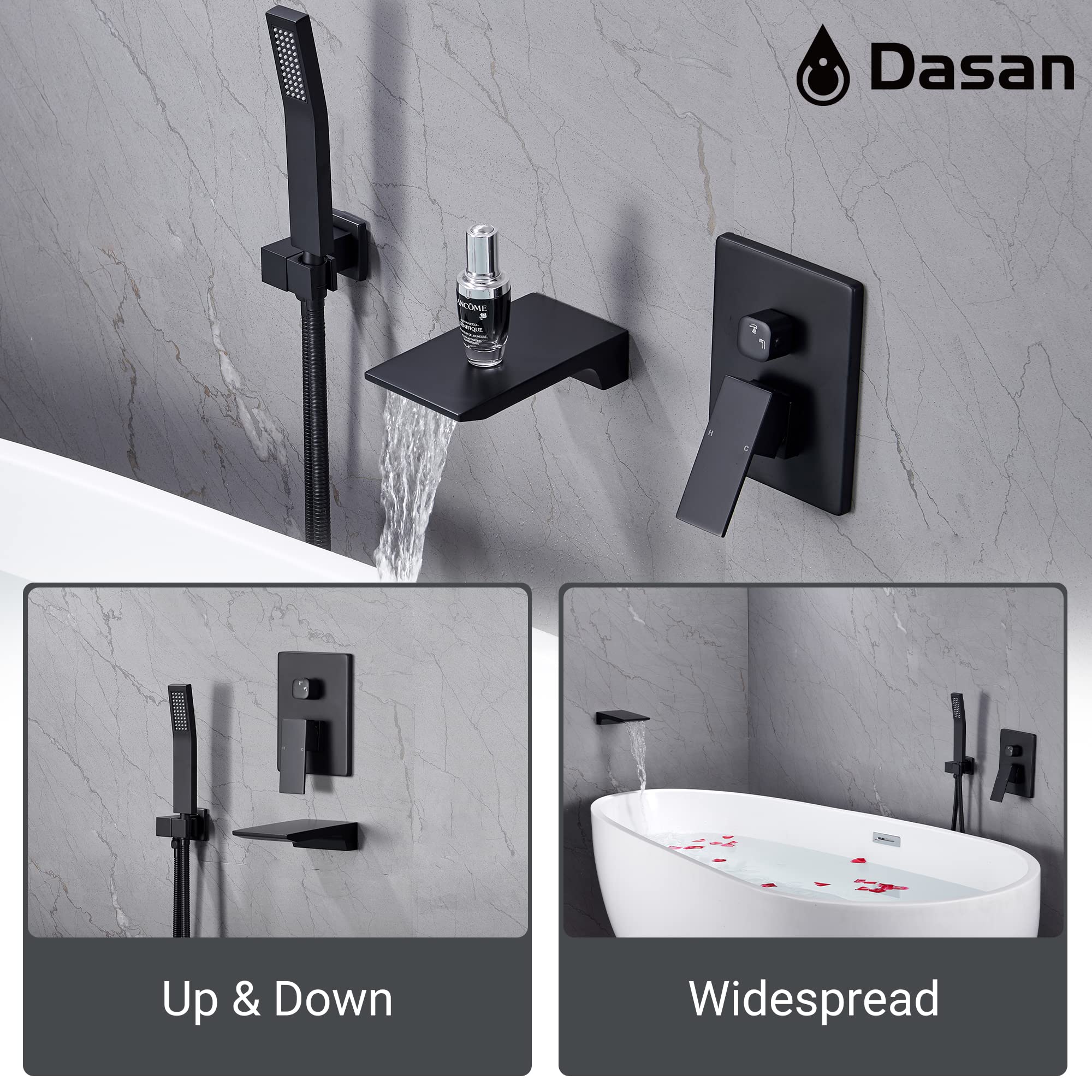 DASAN Wandmontage-Wannenarmatur – Wasserfall-Auslauf, Handbrause, Gebürstetes Nickel, SA-TF04WH-BN