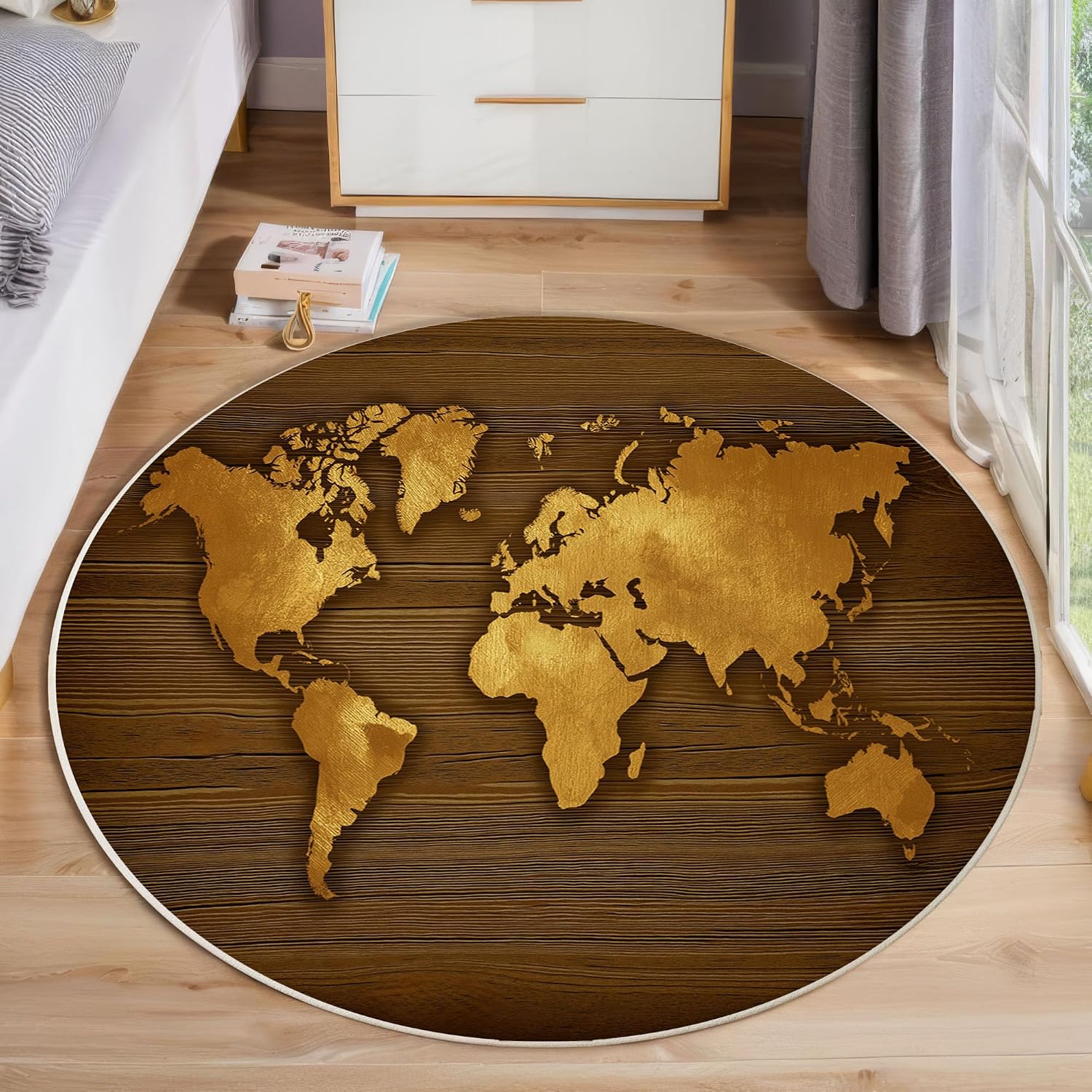 Round Golden Map Outline Rugs 5Ft,Washable Circle Rugs for Bedroom,Retro Nautical Style Nursery Circular Carpet,Soft Non-Slip Carpet for Kids Room Playroom,Dark Brown