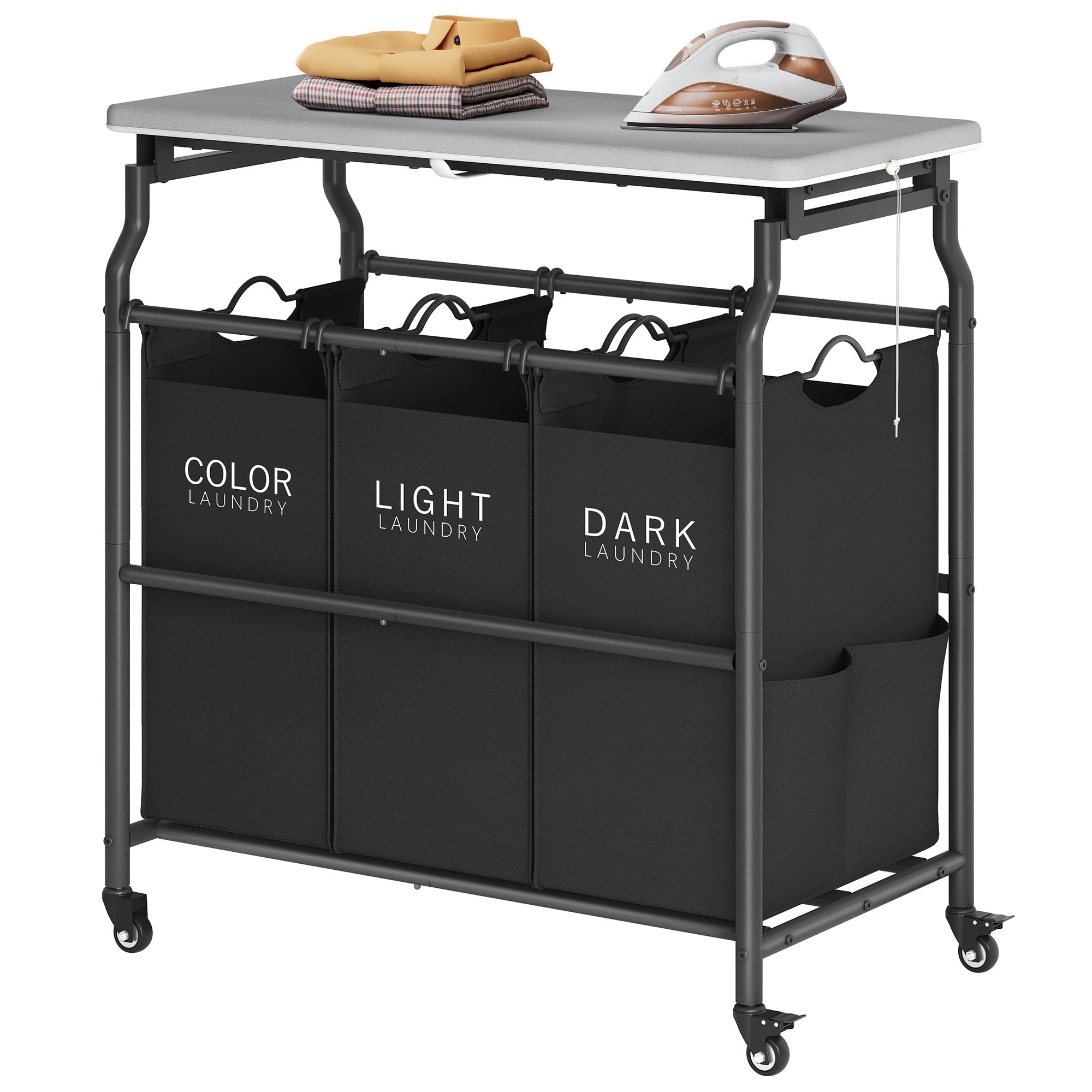 Hoctieon 3 Section Laundry Sorter Cart with Ironing Board, Laundry Hamper Basket with Shelf and Wheels, Heavy Duty Clothes Organizer, Large Clothes Separator with Removable Bags, Black