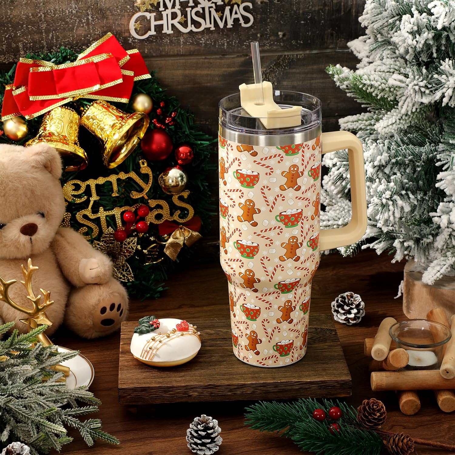 JarThenaAMCS 1 Pcs Christmas Tumbler with Handle Lid Straw 40 Oz Gingerbread Man Candy Cane Stainless Steel Travel Tumbler Cup for Xmas Iced Coffee Party Favor - Image 5