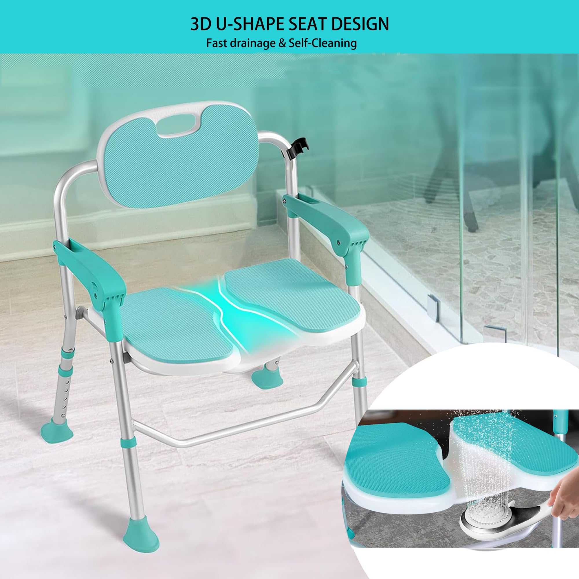 Silla de ducha plegable con brazos y respaldos, asiento en forma de U 3D, altura ajustable y asiento interior antideslizante para discapacitados, ancianos, futuras madres y adultos