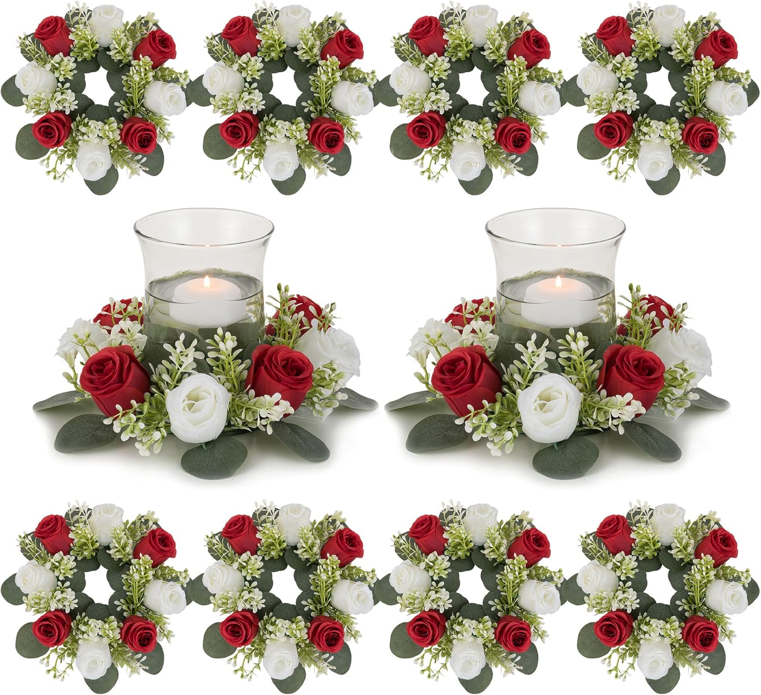 BLOSMON Fake Flowers Wreath Centerpieces: 2 Pcs 14 Inch Diam Large Royal Blue & White Artificial Rose Floral Candle Rings for Wedding Home Table Decor Fake Spring Wreath for Front Door