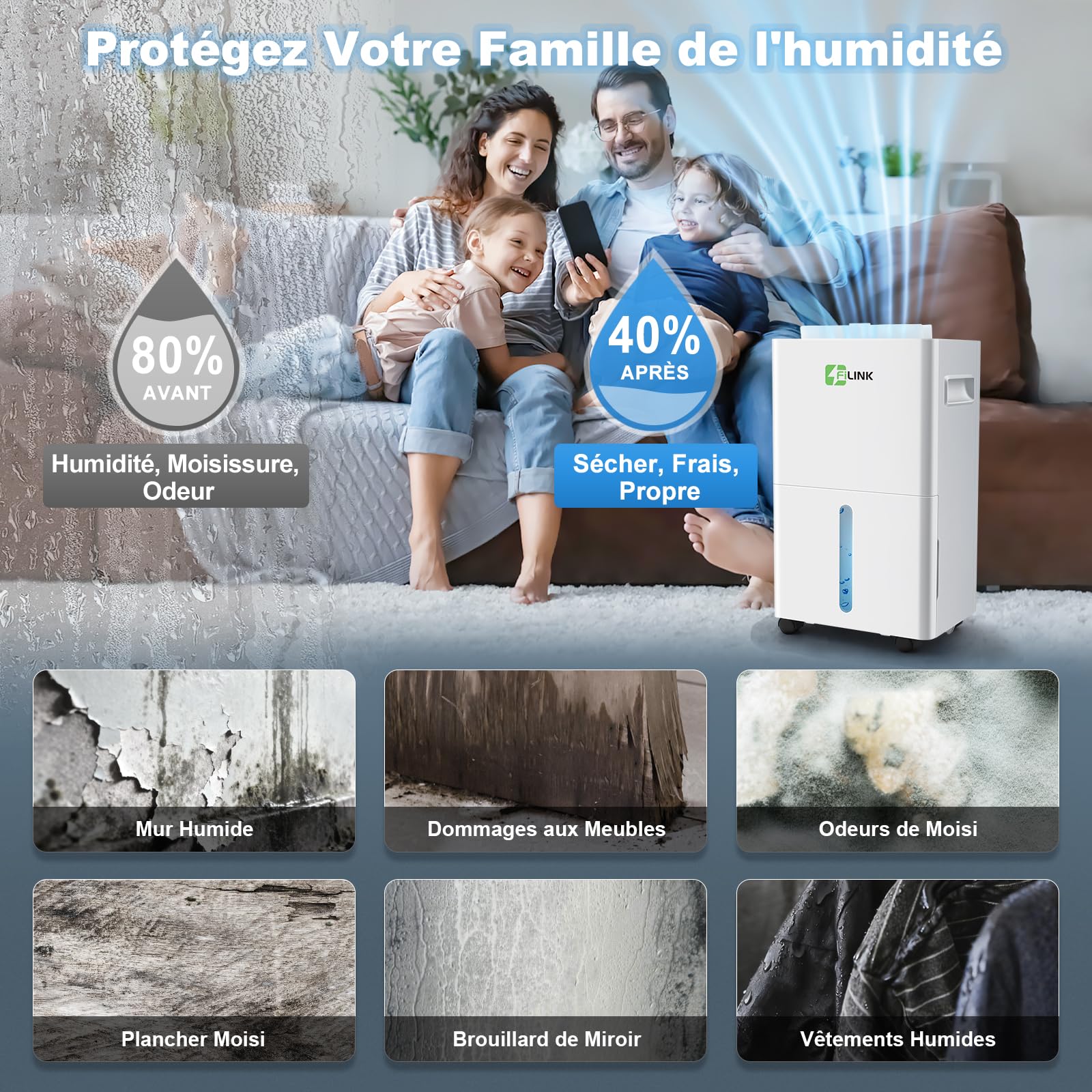 Deshumidificateur d Air 9L/Jour, Déshumidificateur Electrique, Minuterie 24H, Verrouillage pour Enfants, Protection Anti Débordement, 60m³(25m²), pour Maison, Appartement, Salle de Bain, Chambre, Cave