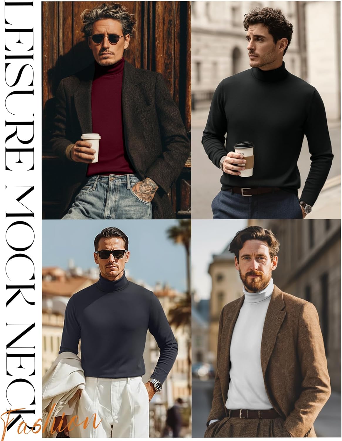 August Alley 6 Pack Men's Turtleneck Shirts Long Sleeve Slim Fit Pullover Top Base Layer Tees Multipack