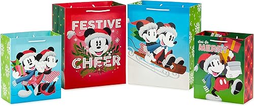Miniatura 5 de Hallmark Bolsas de regalo de Navidad de Mickey y Minnie en varios tamaños (4 bolsas 2 medianas de 9 pulgadas, 2 grandes de 13 pulgadas) para niños,