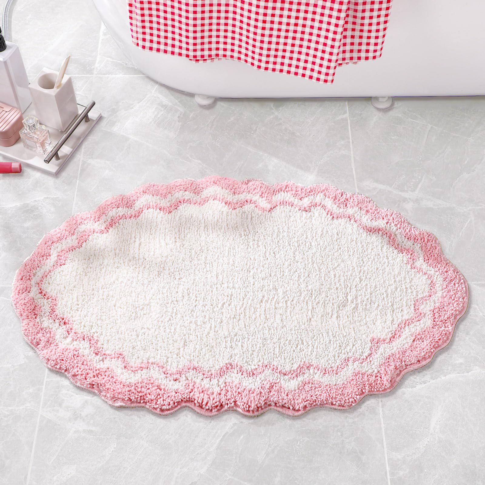 Amazon.com: HunnmingRe Pink Bath Mat Scalloped Oval Cute Bathroom Rug ...