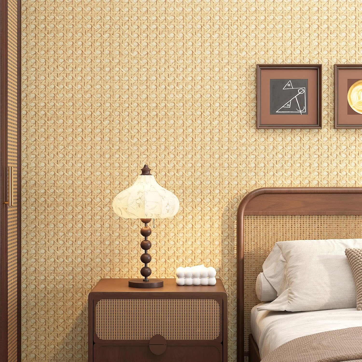 FunStick 60CMx5M Papel Pintado Pared Dormitorio Madera Vinilo Decorativo Puerta Armario Lavable Papel Pintado Efecto Ratan Tejida Caña Vinilo Adhesivo Pared Salon Baño Vinilos Adhesivos para Muebles