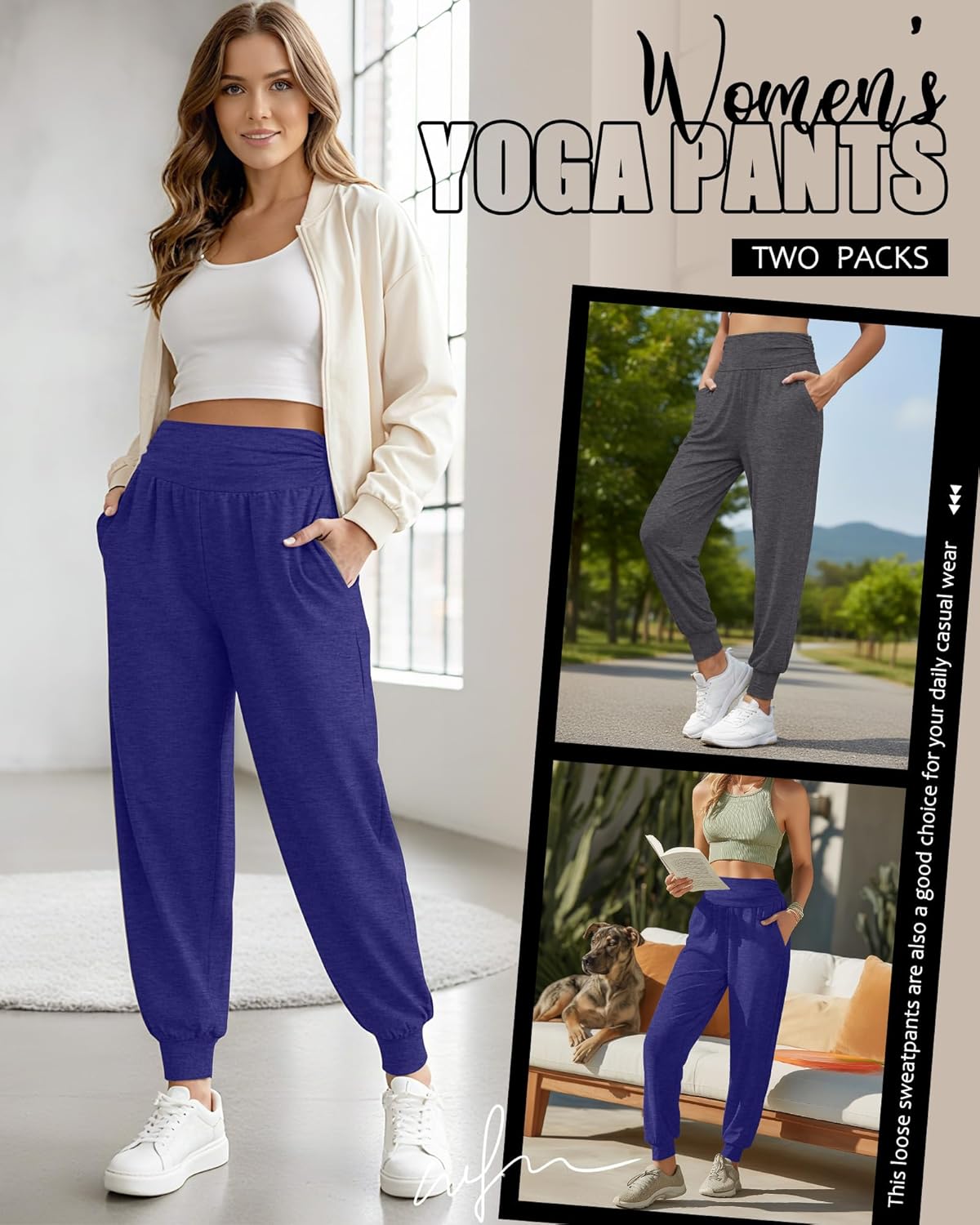 2 Pack Women's Yoga Joggers, Cozy Sweatpants with Pockets Casual Loose Comfy High Waisted Lounge Pants - Image 6