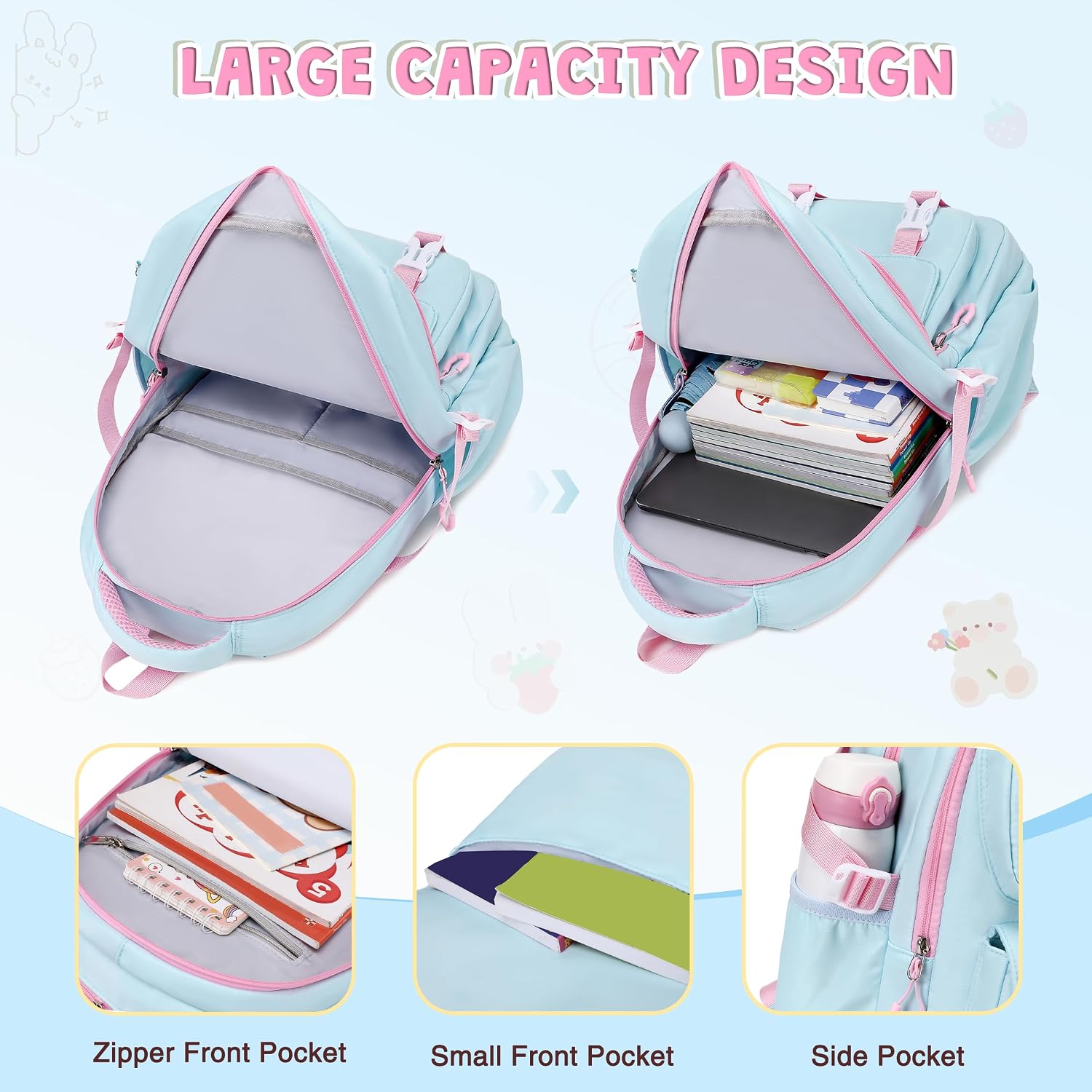DIGOBAY 4Pcs Girls Backpack with Lunch Box Headphone Pencil Case for School image 4