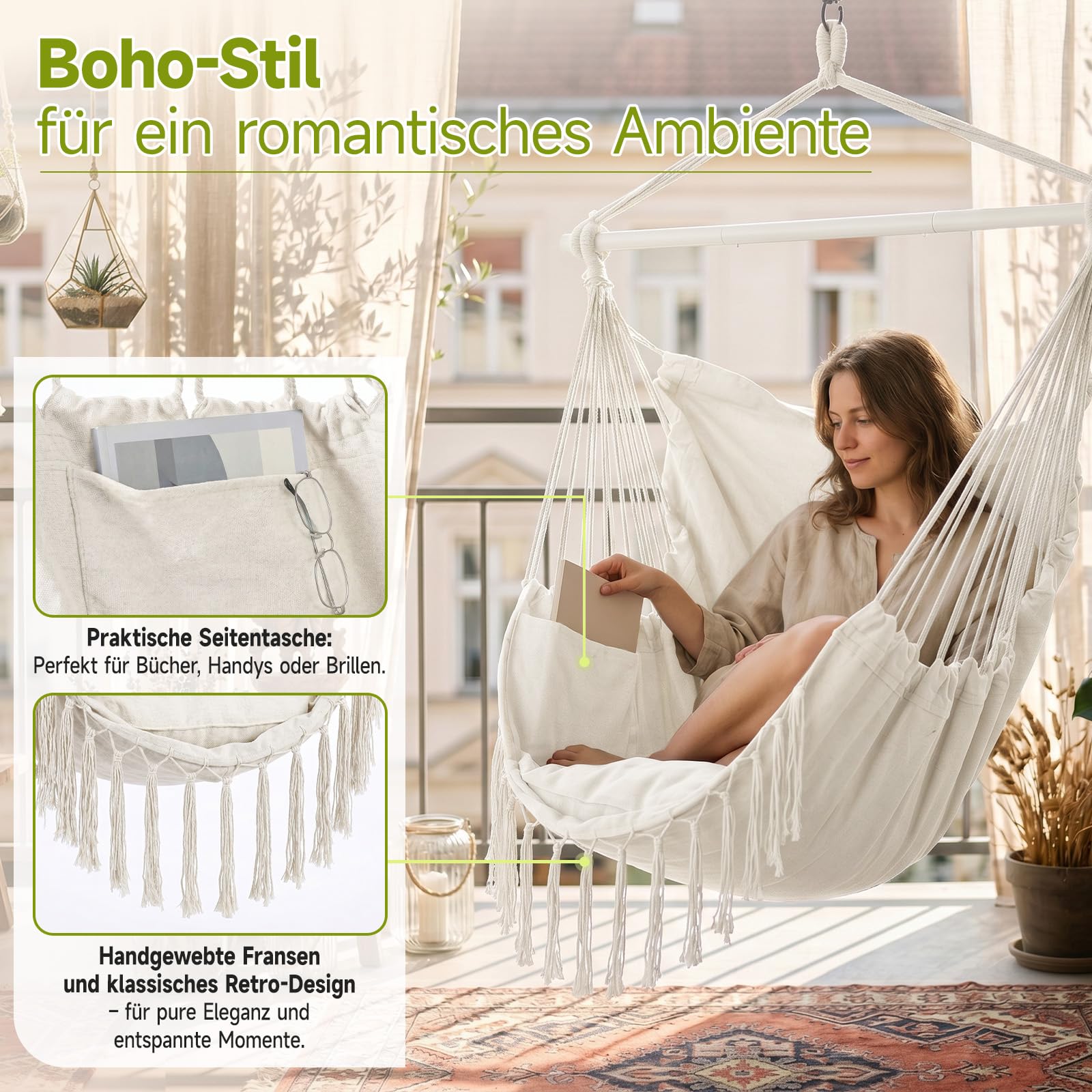 Sekey Hängesessel mit 2 Kissen & Seitentasche - Boho Hängestuhl bis 120 kg - Robuste Metallstange & Anti-Rutsch-Ringe - Atmungsaktive Hängeschaukel für Indoor, Balkon & Garten, Beige