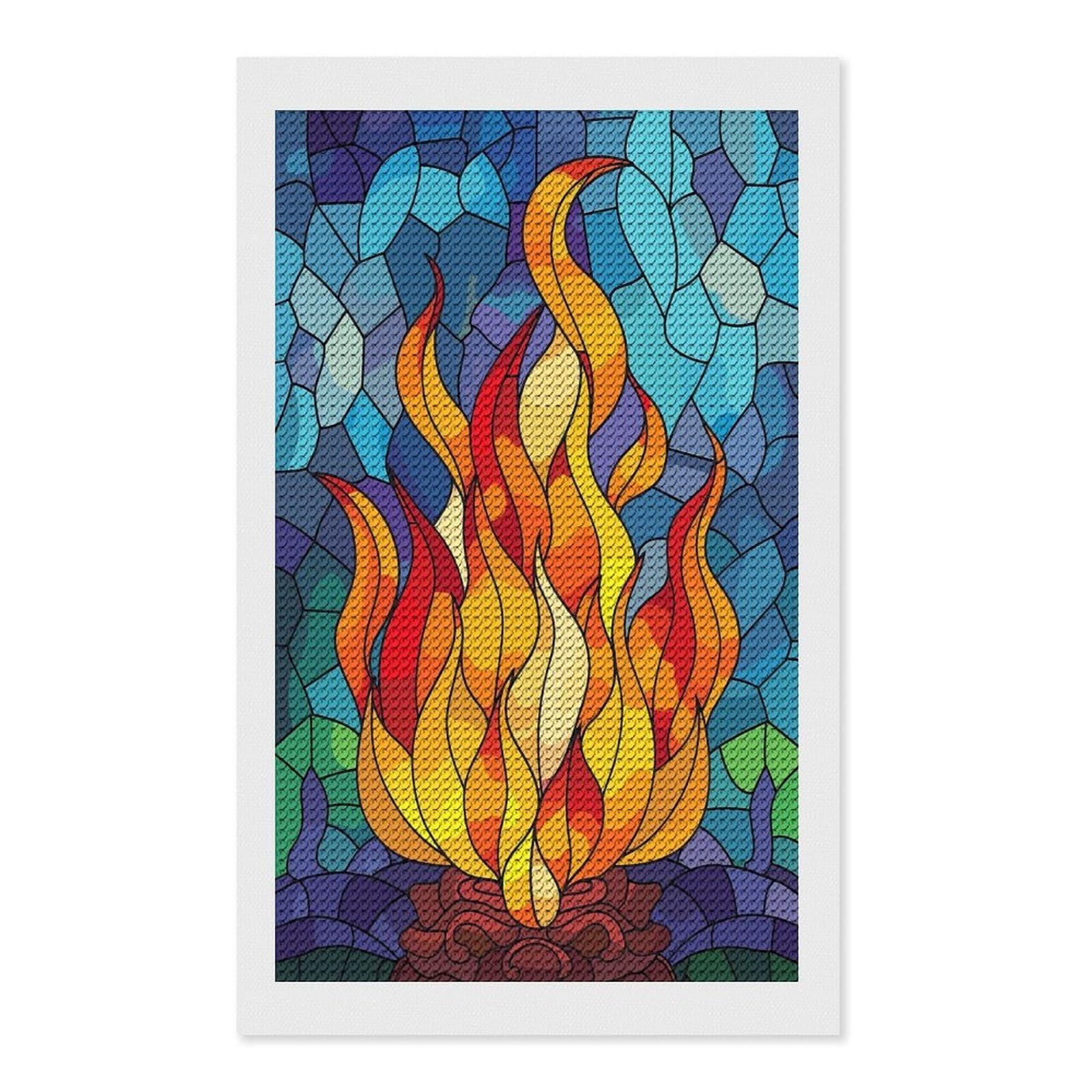 Junmoney Stained Glass Fire Diamond Painting Kit 12"x20", Easy Handmade Project, Cosy Home Accent, for Craft Lovers, Holiday Gift Idea