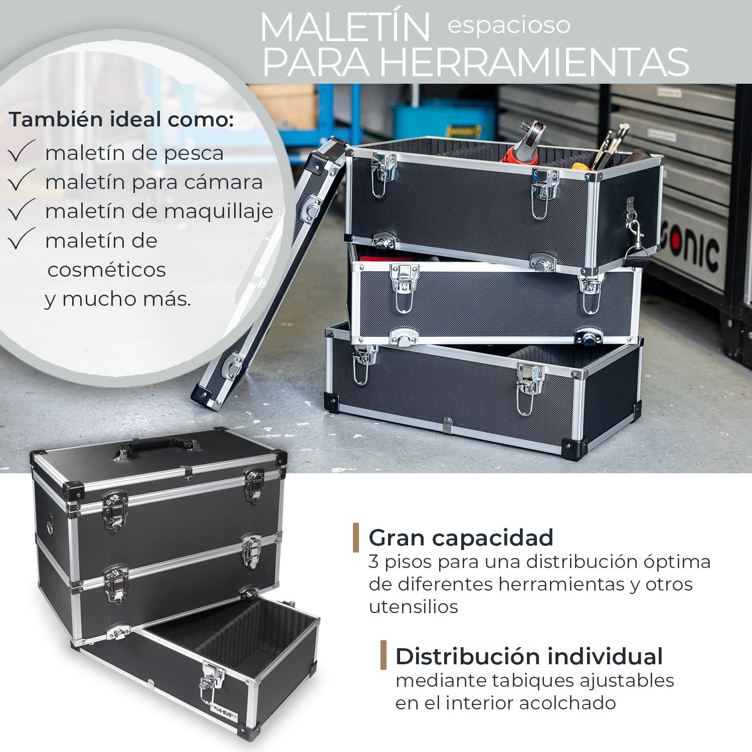 HMF 14660900 - Maletín de herramientas de aluminio, vacío, con separadores individuales, estantes a elegir, color negro