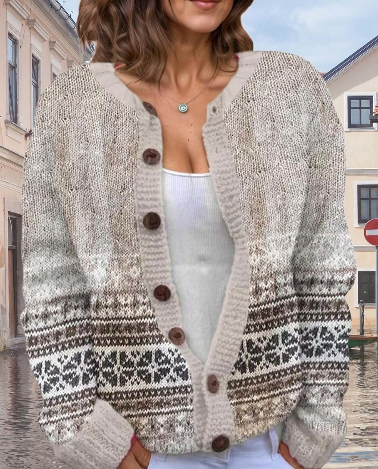 Women's Fair Isle Pattern Knit Cardigan Sweater Vintage Button Down Open Front Jacket Coat for Fall & Winter 2025 - Image 7