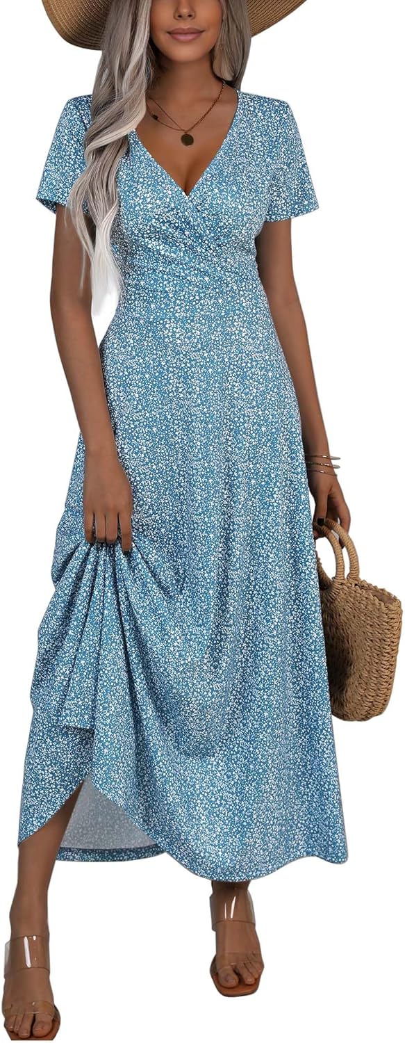 Short sleeve floral wrap maxi dress with pockets for summer.
