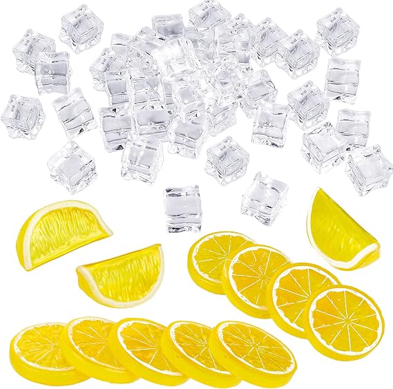 42 Pieces Acrylic Fake Lemon Slices Ice Cubes Artificial Plastic Lemon Slice Set Blocks Simulation Lemon Block Double Side Decorative Fake Fruit Model for Party Wedding Kitchen Decoration Photo Props