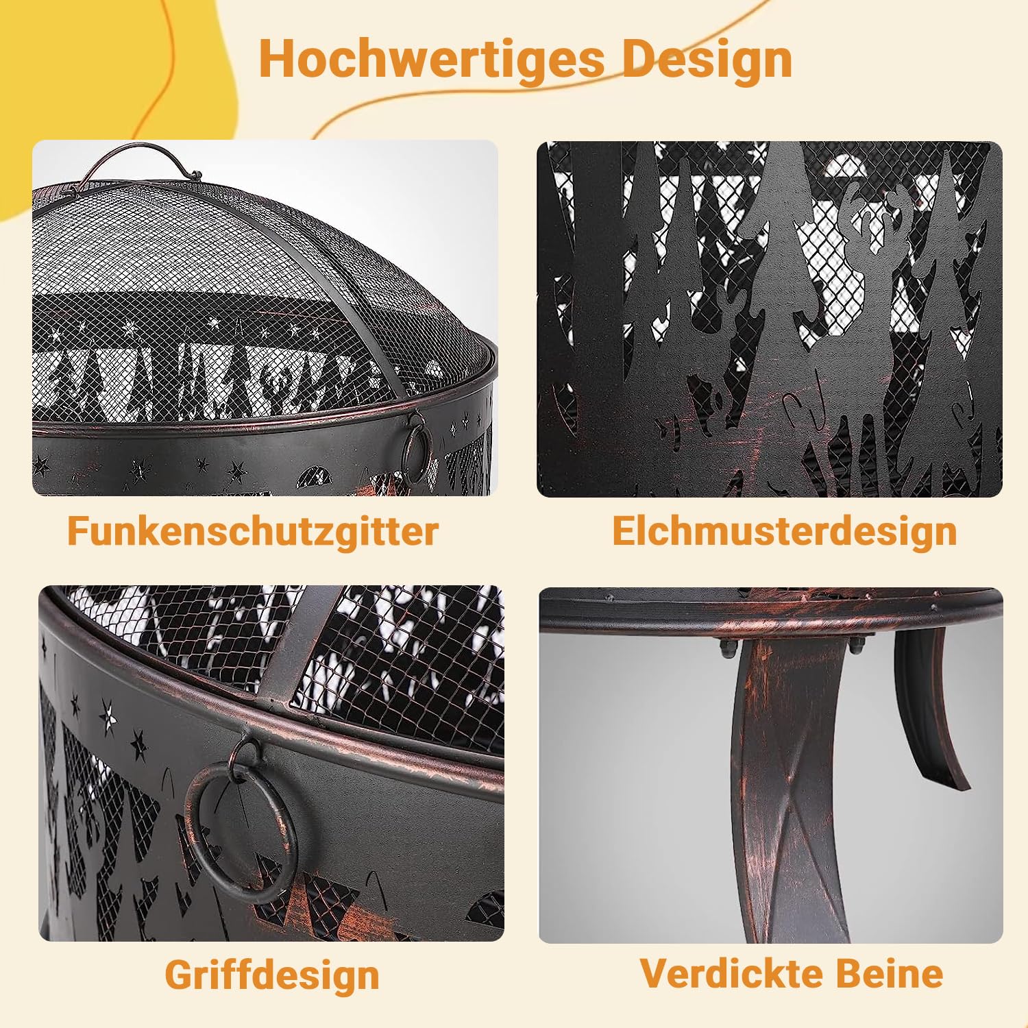 TLGREEN Feuerschalen, Feuerschale mit Funkenschutz, Feuerschale Garten Ø71x65cm, inkl. Poker & Kohlerost & 4 PCS Füße, Feuerkorb Retro-Look, Feuerstelle für Garten Camping Strand-Exquisites Elchmuster