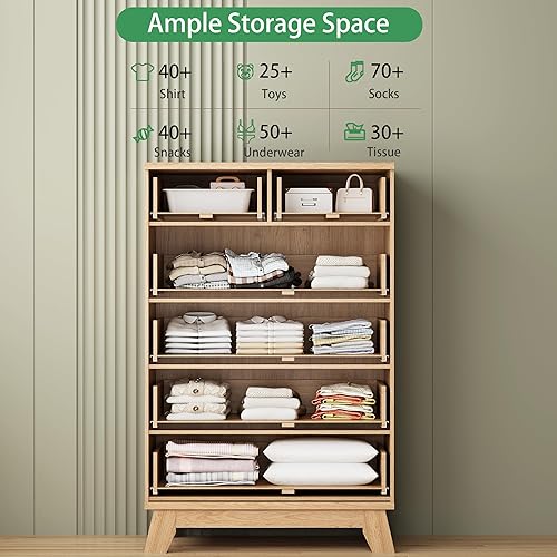 Miniatura 3 de Cómoda acanalada para dormitorio con 6 cajones, cajonera moderna de 46 pulgadas de alto con mango de metal, soporte de TV de cómoda de madera, Roble