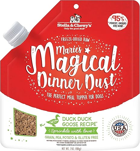 Stella & Chewys Freeze-Dried Raw Marie's Magical Dinner Dust  Protein Rich, Grain Free Dog & Puppy Food Topper  Duck Duck Goose Recipe  7 oz Bag