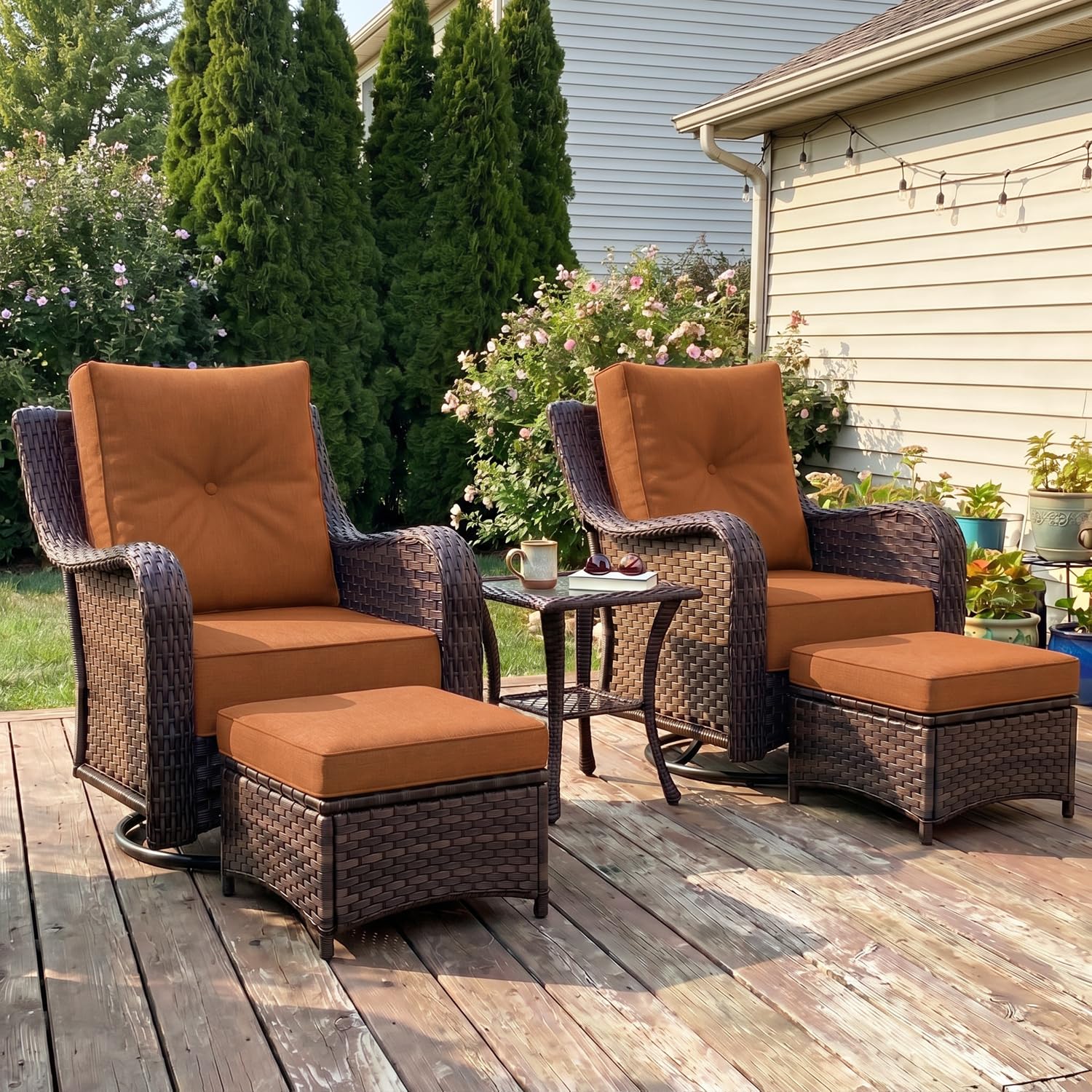 LayinSun 5 Piece Wicker Outdoor Furniture Set with 6-inch Comfy Cushions