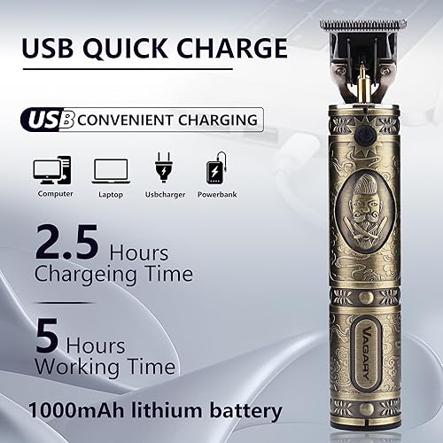 Miniatura 6 de VAGARY Cortapelos eléctrico profesional para hombres, recortadora de pelo de barba con cuchilla en T, cortadora de pelo eléctrica inalámbrica y