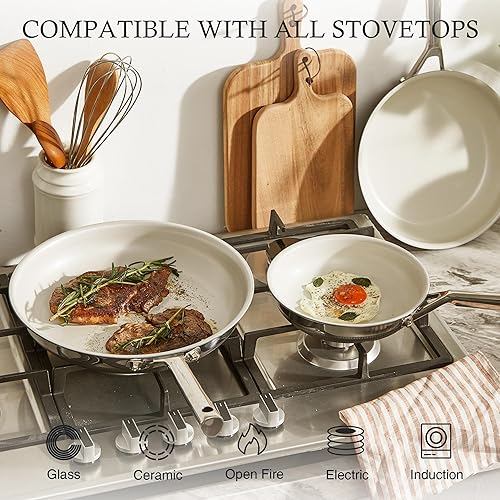 Miniatura 2 de KITEXPERT Juego de sartenes antiadherentes, sartén de cerámica de titanio beige, acero inoxidable antiadherente, sin PFAS, PFOA y PTFE, apto para