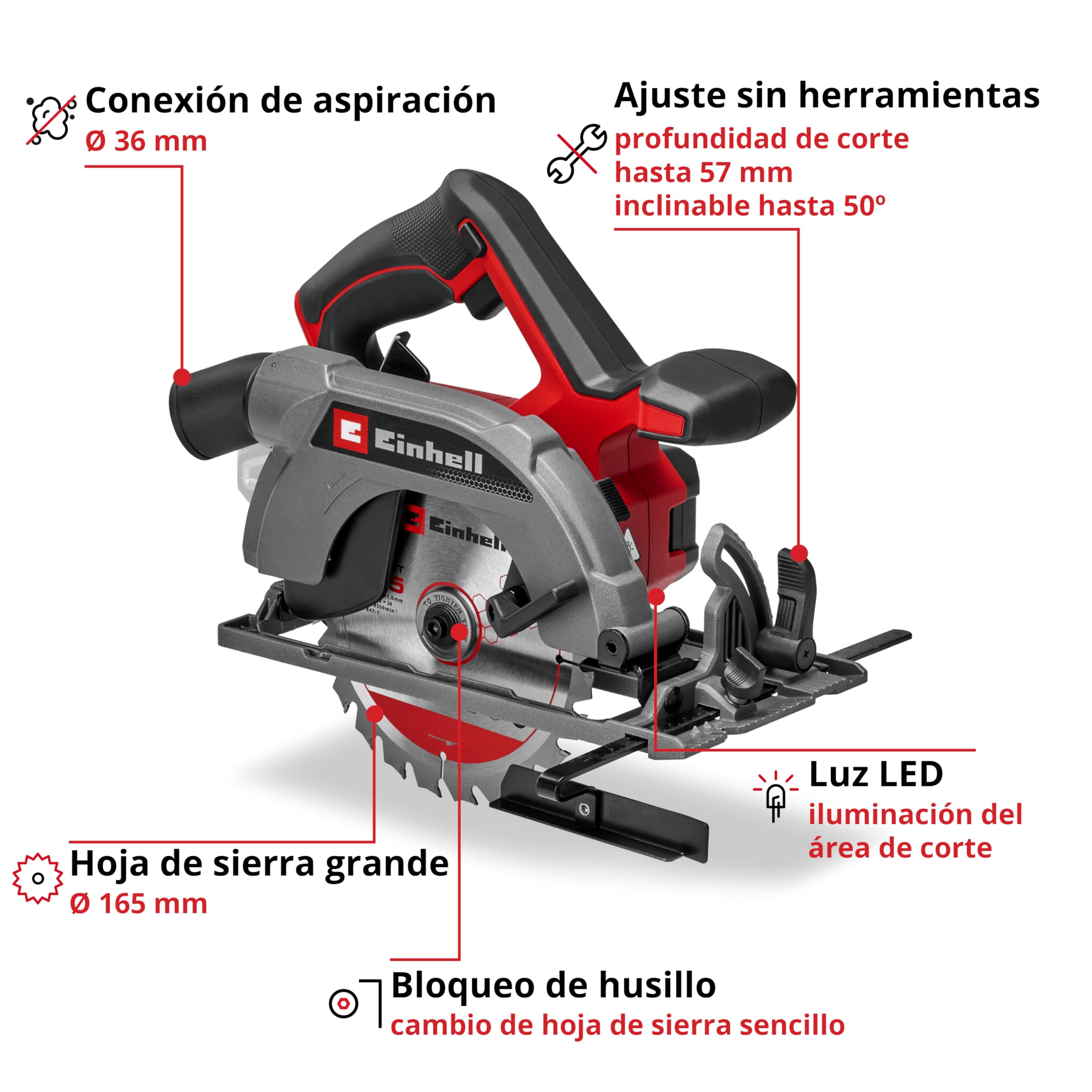 Einhell Sierra circular de mano con batería TE-CS 18/165-2 Li - Solo Power X-Change (18V, hoja de sierra Ø 165 mm, profundidad de corte 57 mm, ajuste sin herramientas, sin batería)