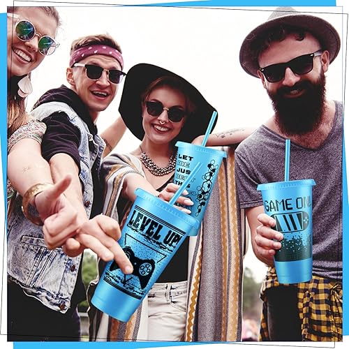 Vista 25 de Mifoci Vasos de plástico para videojuegos con tapas y pajitas, vaso reutilizable con tapa y pajita, lindo vaso de viaje para café helado, botella