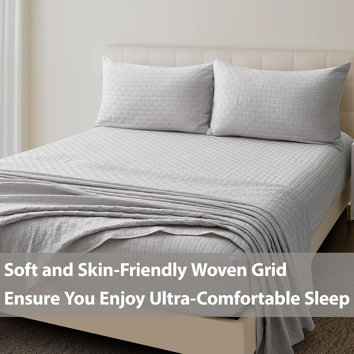 Woven Grid Soft 4 Piece Sheets Set - Easy Care Cozy Bed Sheets Set with 1 Fitted Sheet, 1 Flat Sheet & 2 Pillowcases - Deep Pocket up to 18 Inches (Light Grey, Twin XL)
