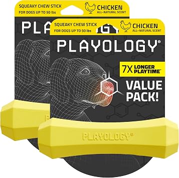 Playology Squeaky Chew Stick - Scented Dog Toy - Medium, Chicken Scent, 2pk | Rubber Construction, All Natural Scent, Durable Design