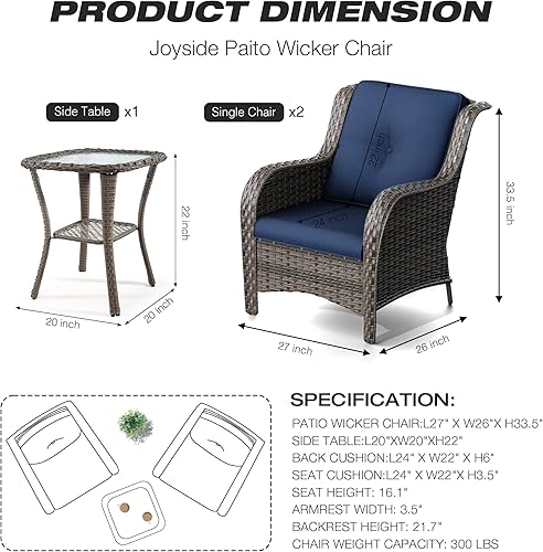 Miniatura 2 de Joyside Juego de sillas de mimbre para patio, juego de 3 piezas de mimbre para exteriores con 2 sillas reposabrazos y 1 mesa auxiliar para terraza,