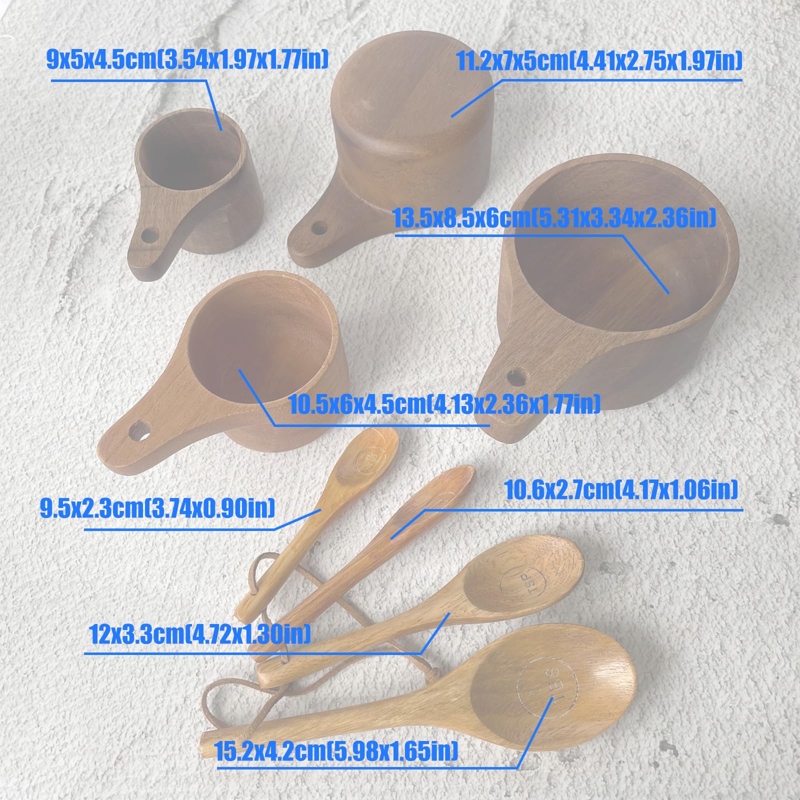 Juego completo de 8 cucharas medidoras de madera para hornear y cocinar profesionales, acabados suaves, fácil de limpiar, juego de cucharas de madera para hornear