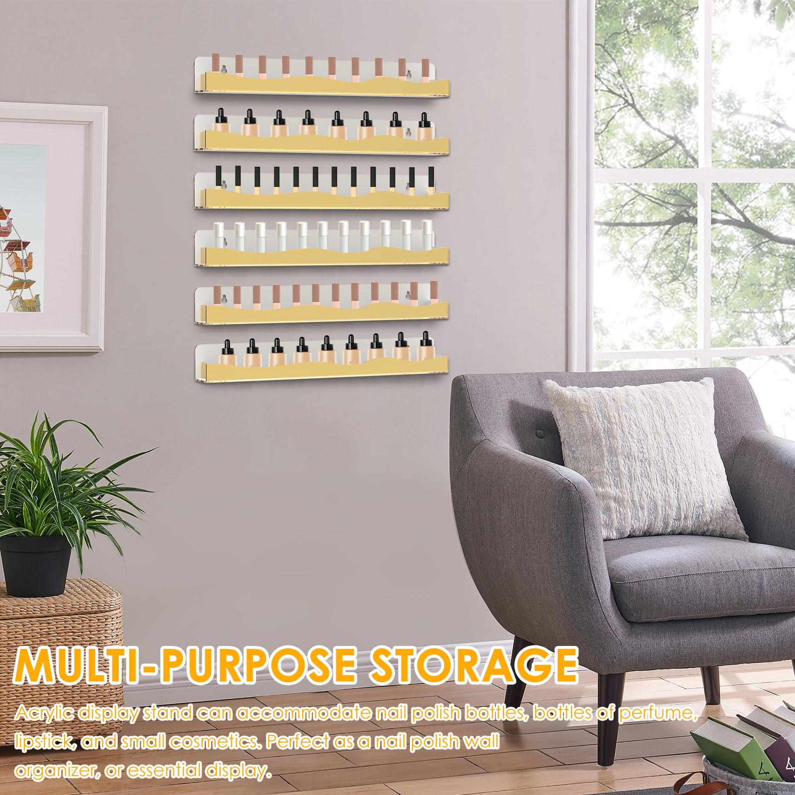 Estantería de pared para esmalte de uñas, 6 estantes colgantes de oro de estante de esmalte de uñas, 38 cm de longitud, acrílico, organizador de exhibición de uñas para 66-90 botellas