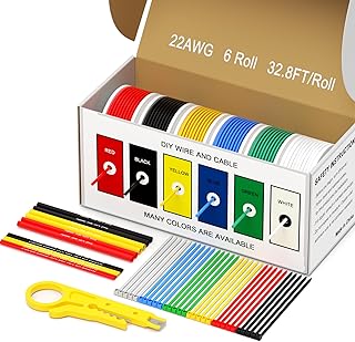 22 AWG Wire Stranded Solid Core Hook-Up Flexible Wires, 6 Colors Each Roll 32.8ft/10M Soft Silicone Tinned Copper Core Automotive Electrical Cables, High Temp Resistant -60℃ to 200℃